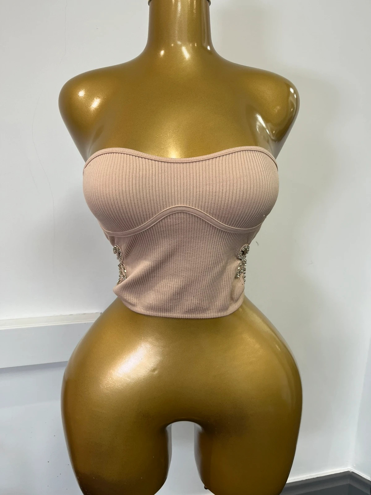 Bershka Beige Ribbed Bandeau Corset Crop Top Rhinestone Butterfly Extra Small - Small