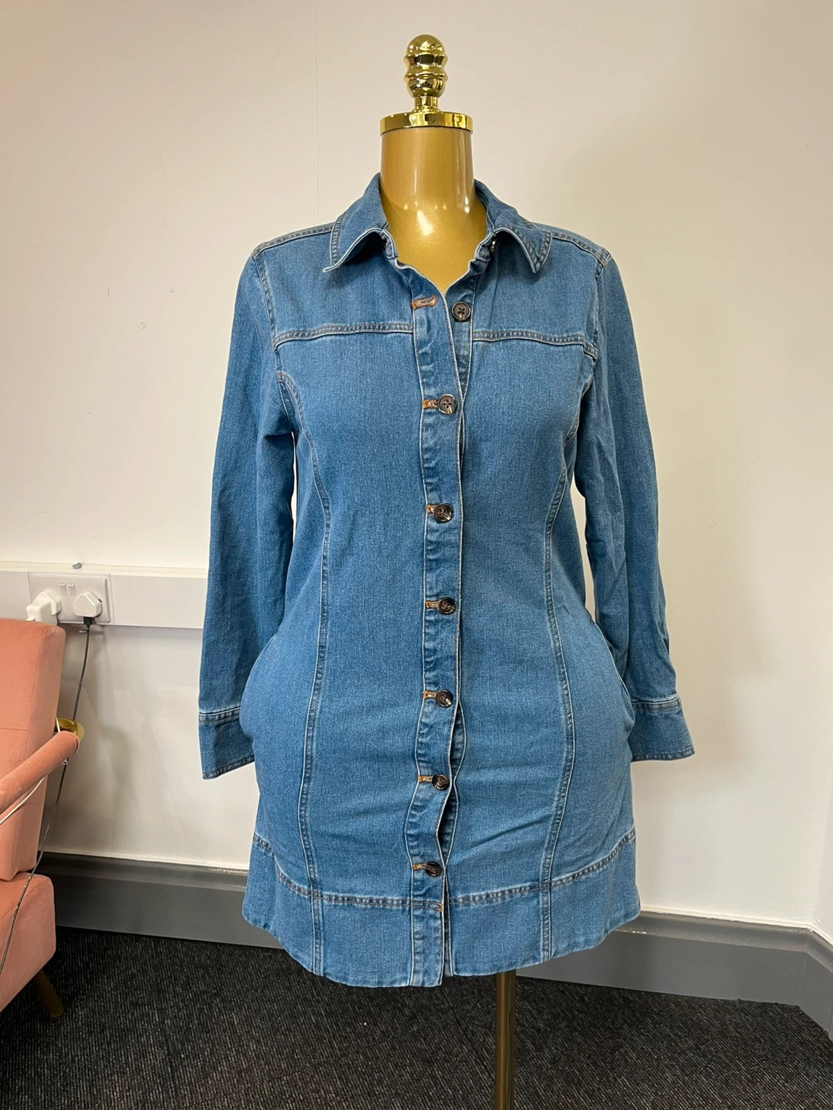 George Blue Denim Button Front Long Sleeve Mini Shirt Dress Small