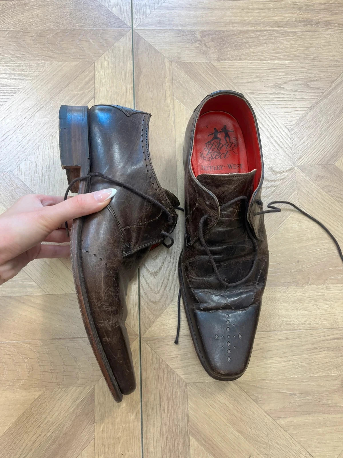 Jeffery-West Brown Leather Brogue Derby Shoes Red Lining Size 7
