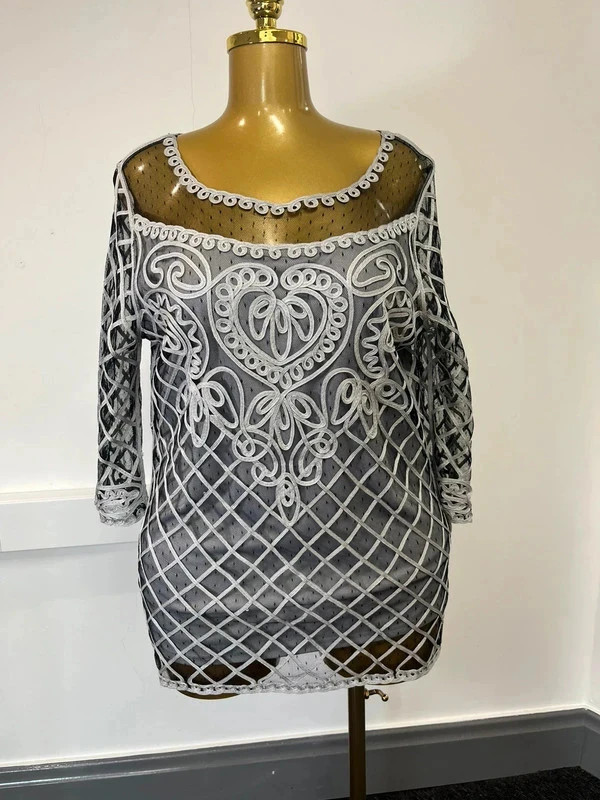 Women’s tia double layered 3/4 sleeve silver and black classy evening top