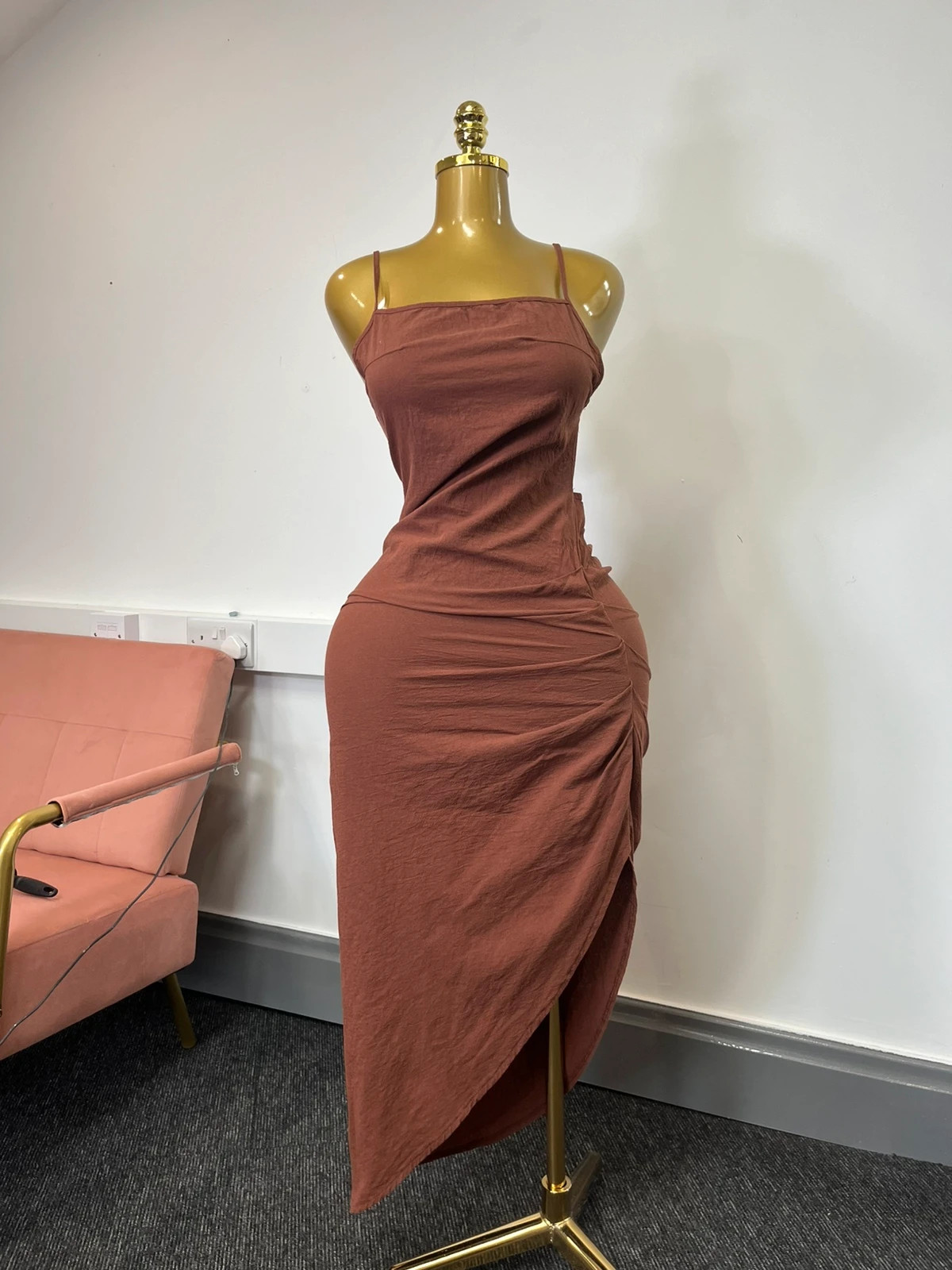 Brown Forever 21 Ruched Open Back Asymmetric Midi Dress Strappy Bodycon Side Split Medium