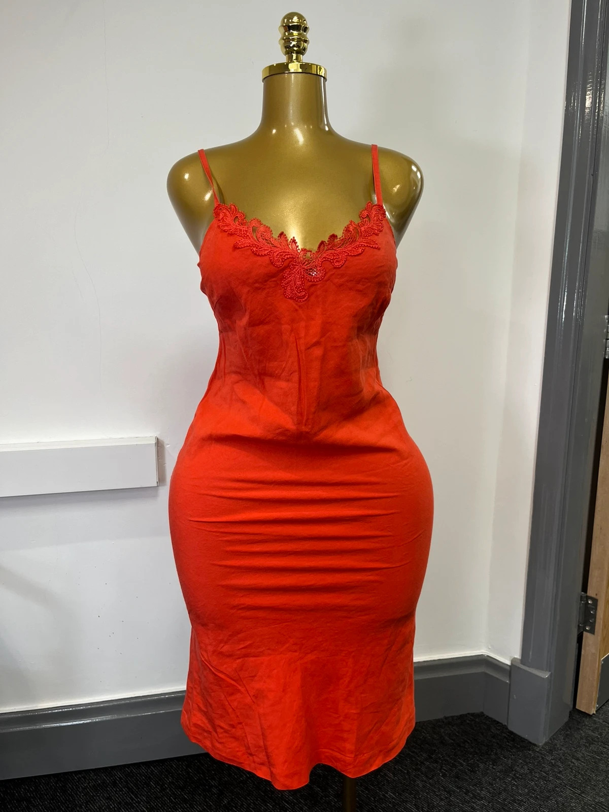 Monsoon Red Lace Trim Cami Midi Dress Bodycon Cocktail Evening Party Dress Small
