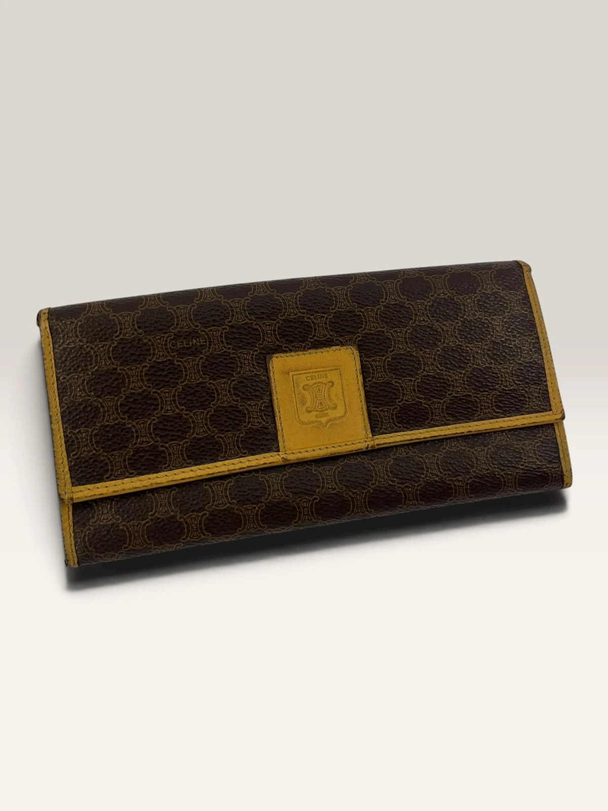 Vintage Celine Macadam Leather Long Wallet Purse Brown Tan Monogram Triomphe