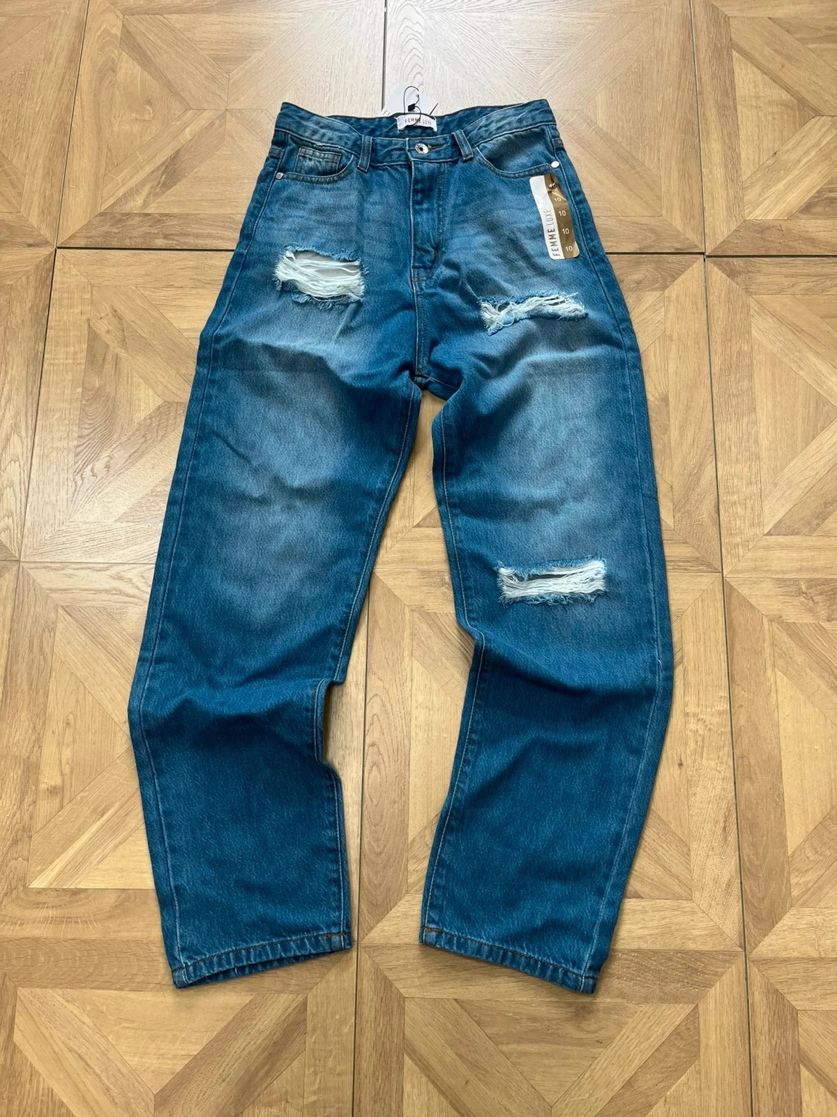 Brand new femme luxe blue high waisted ripped straight leg jeans