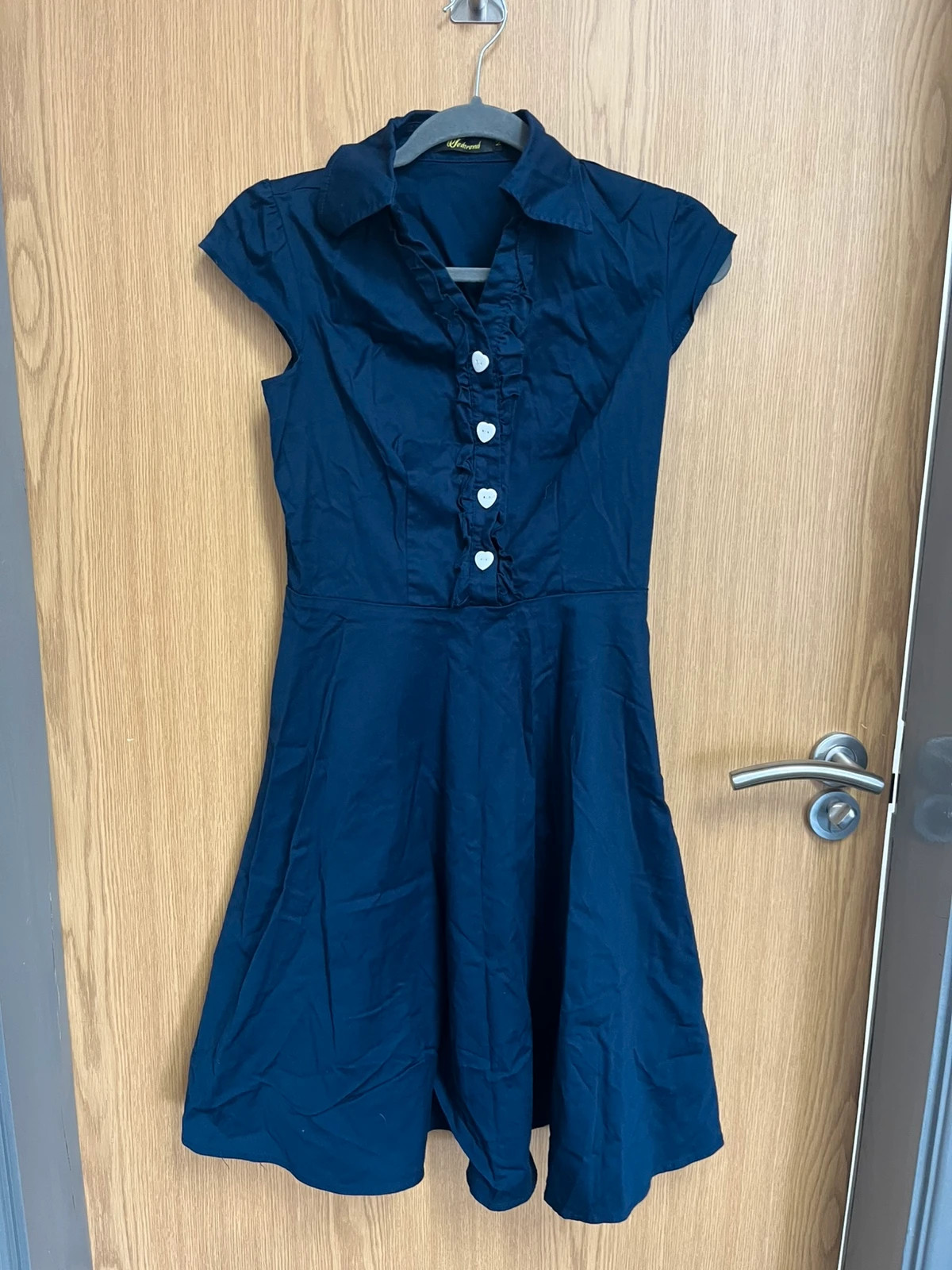 Wedtrend Navy blue collared shirt dress with heart buttons, fitted waist & flared skirt Medium