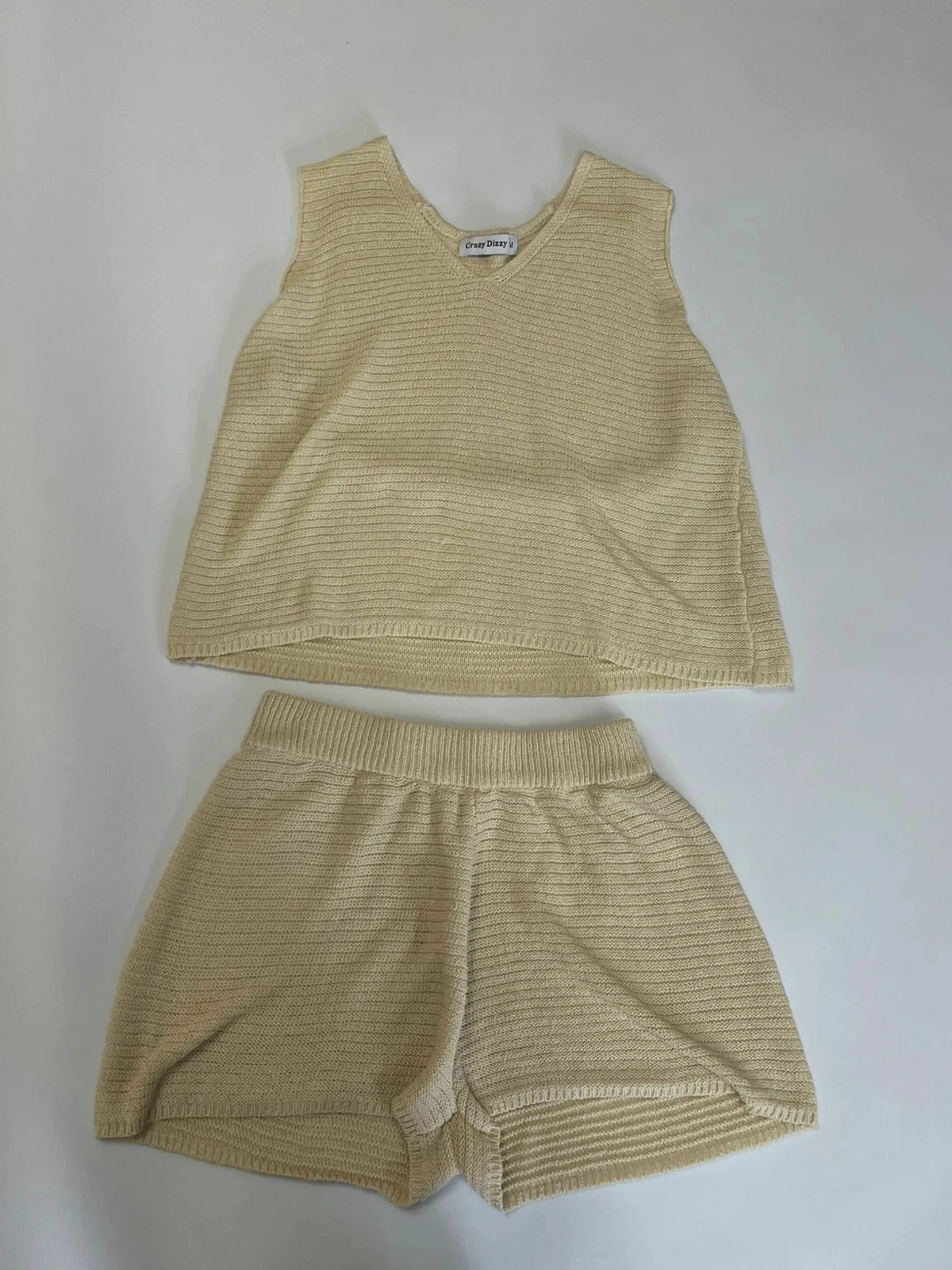 Crazy Dizzy Cream Knitted Co-Ord Set Sleeveless Tank Top & Shorts Loungewear Medium