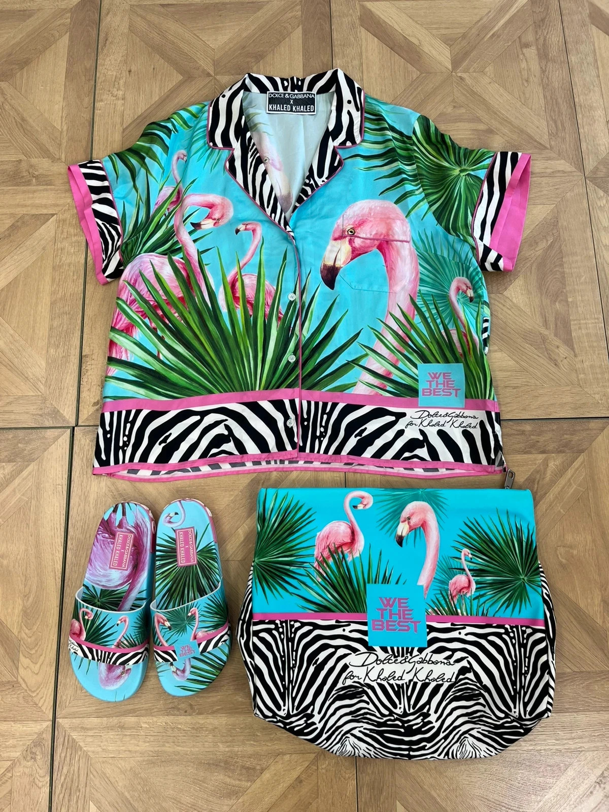 Dolce & Gabbana x DJ Khaled Limited Edition Silk Set: Flamingo Zebra Shirt, Slides & Bag