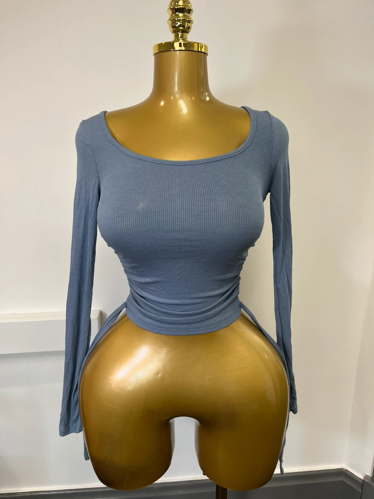 Shein Blue Grey Ribbed Ruched Long Sleeve Scoop Neck Crop Top Extra Small