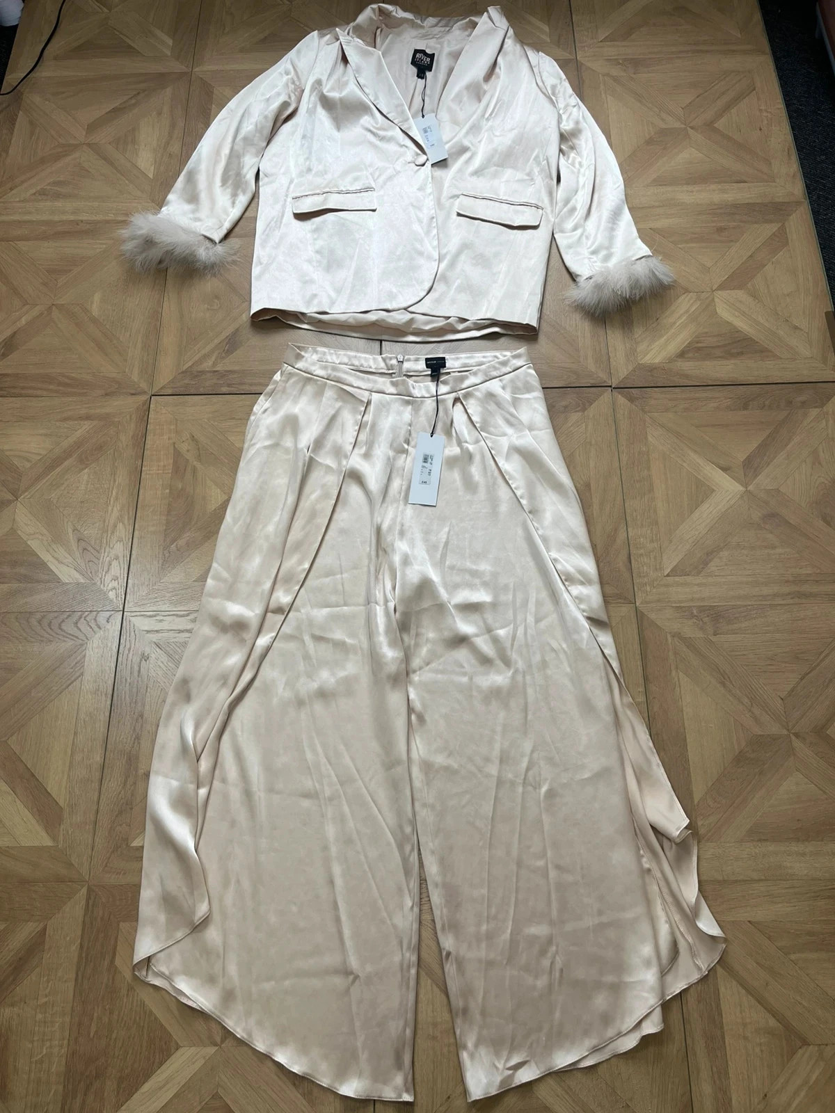 Riverisland cream feather detail high waisted open leg blazer and trousers set brand new