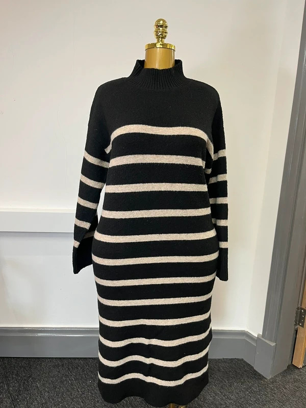 George Black & Cream Striped Roll Neck Knitted Midi Jumper Dress Medium