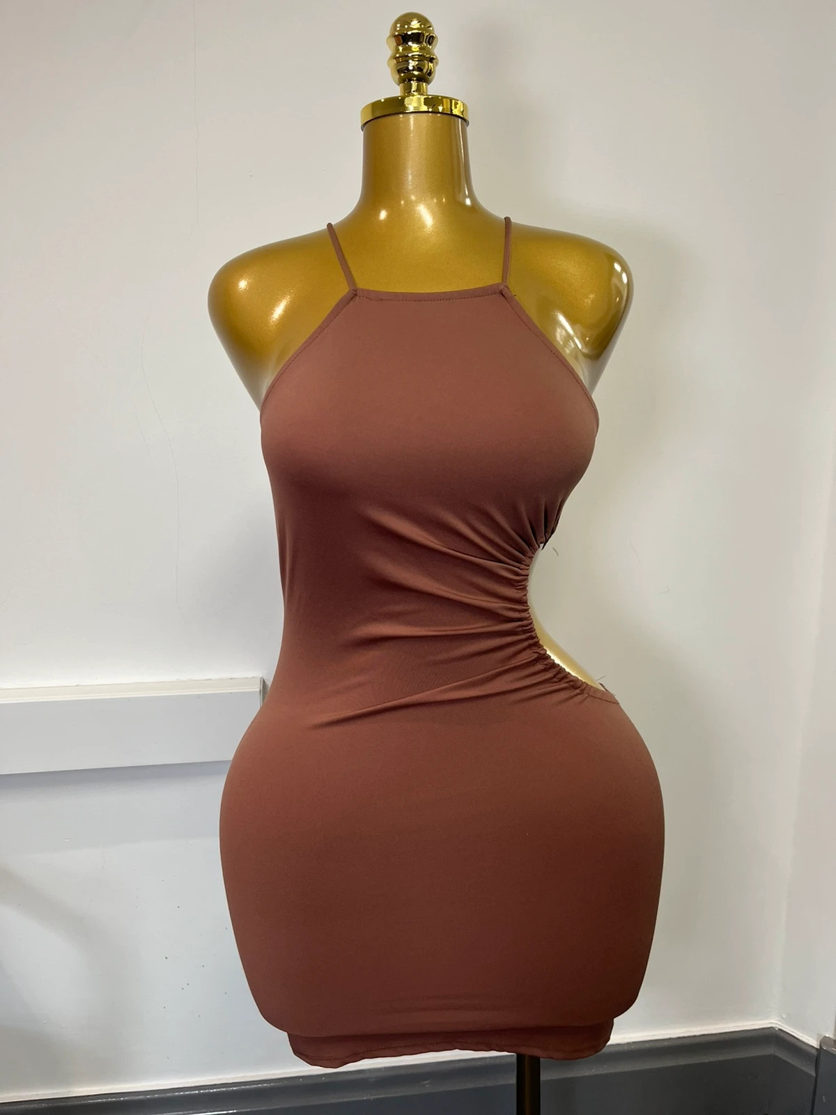 Brown Slinky Pull & Bear Side Cut Out Bodycon Mini Dress Small