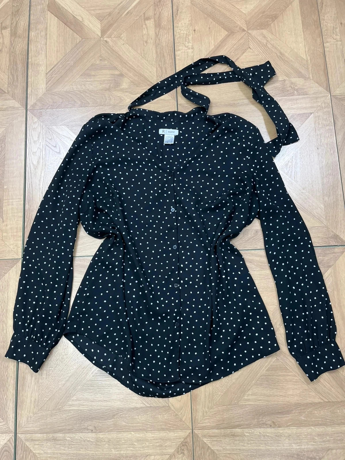 R essential black polka dot long sleeve tie up button up shirt