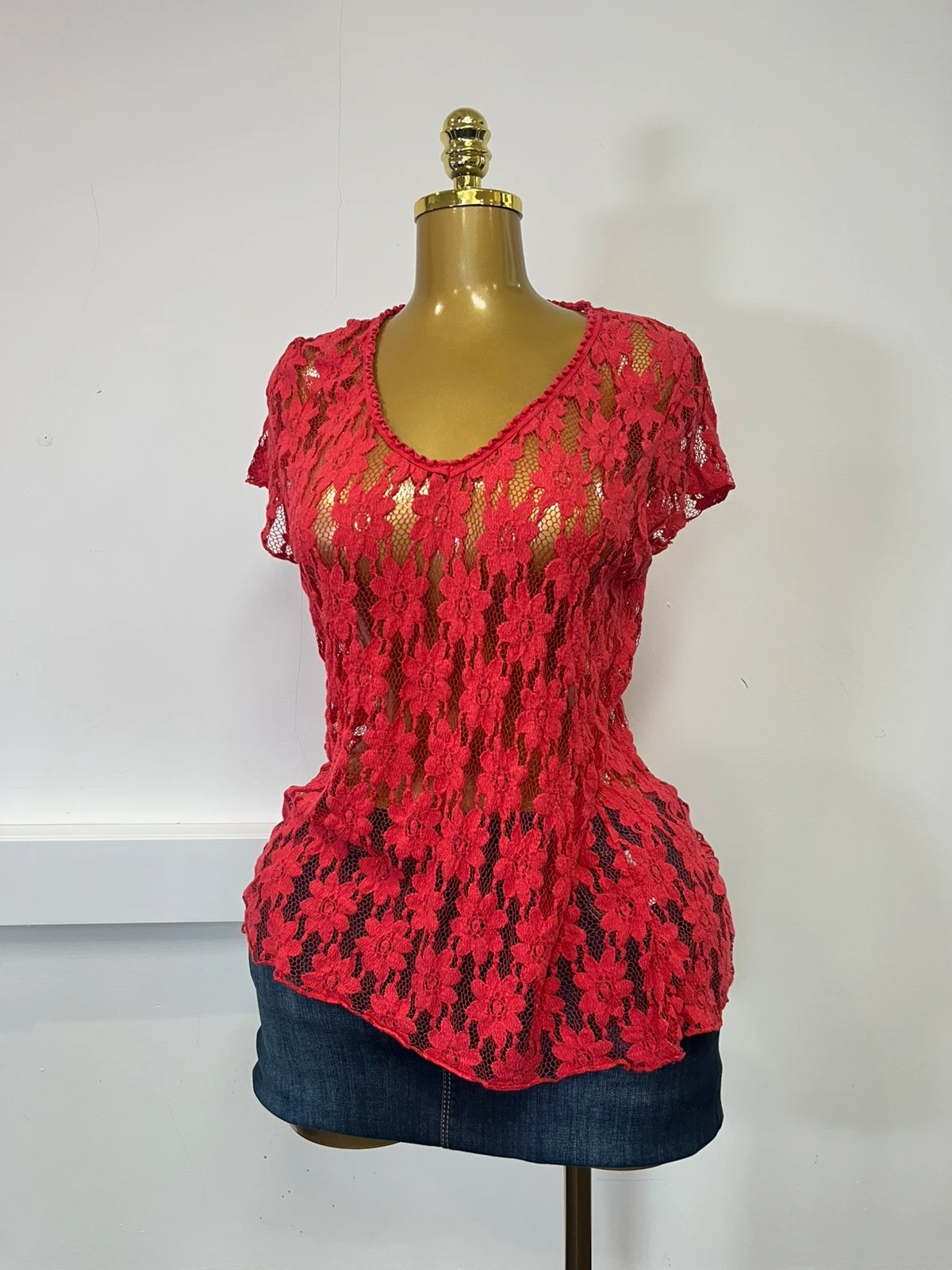 Y2K floral per Una pink sheet crotchet v neck top