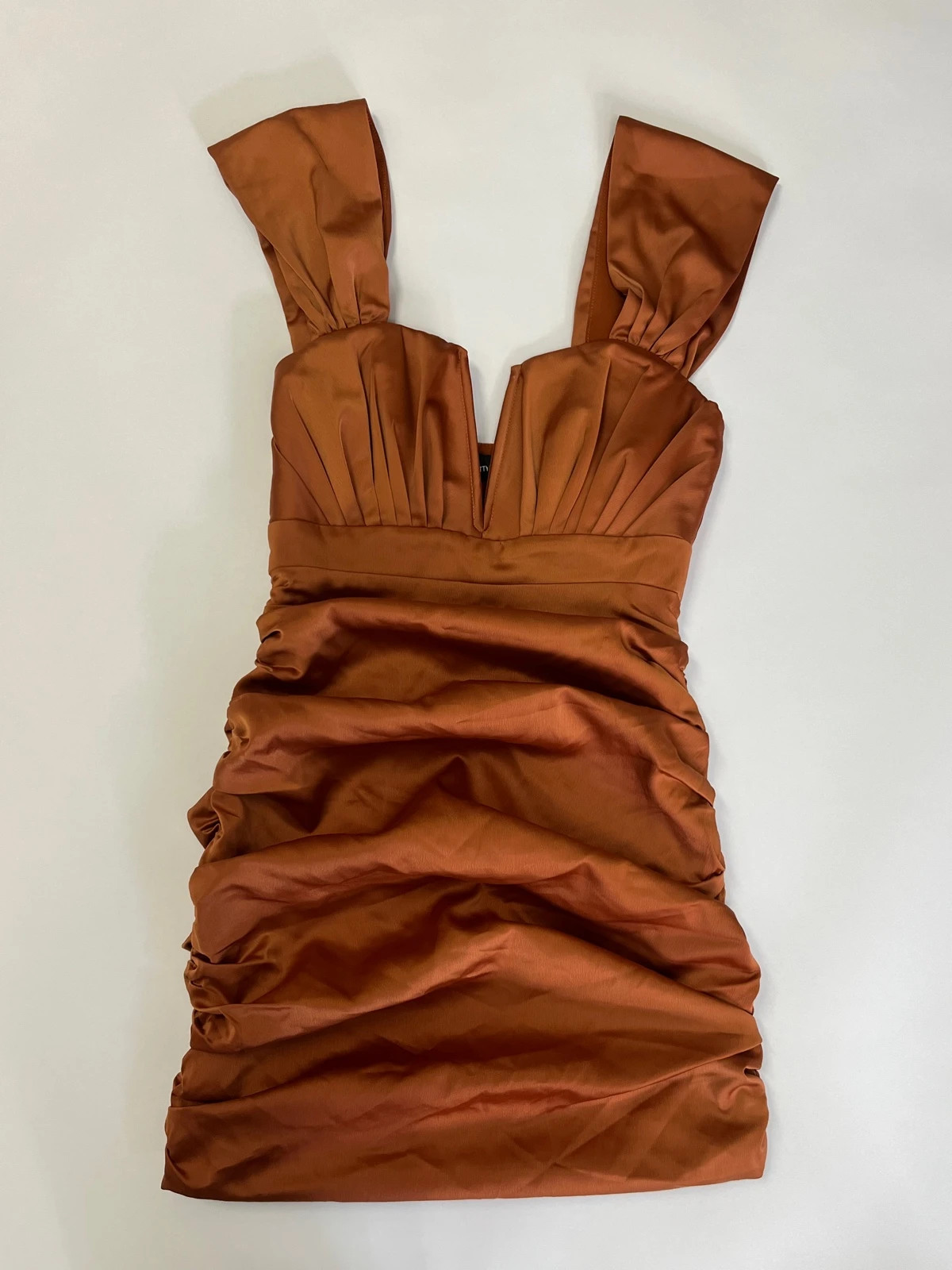 PLT Rust Satin Ruched Mini Dress Square Neck Bodycon Extra Small