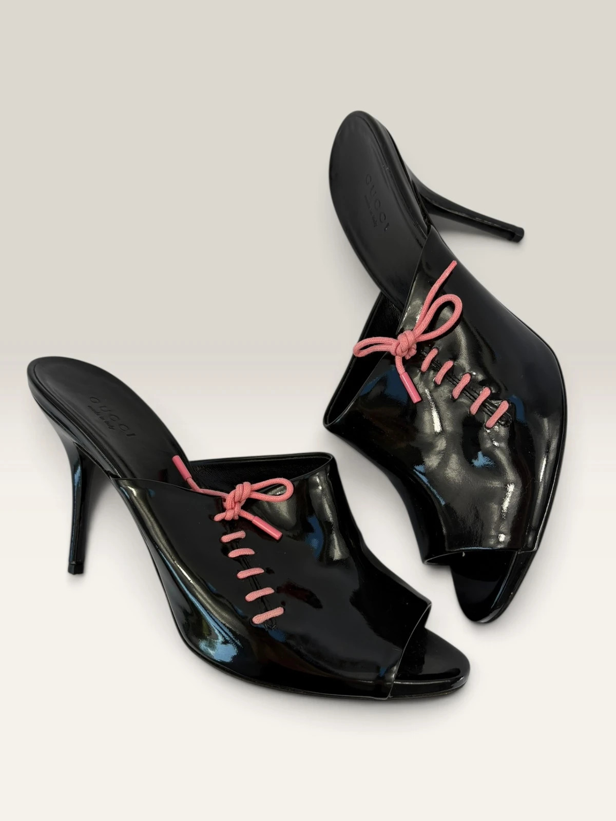 Vintage Gucci Tom Ford Patent Leather Mule Heels Black Pink Lace Size 38 UK 5