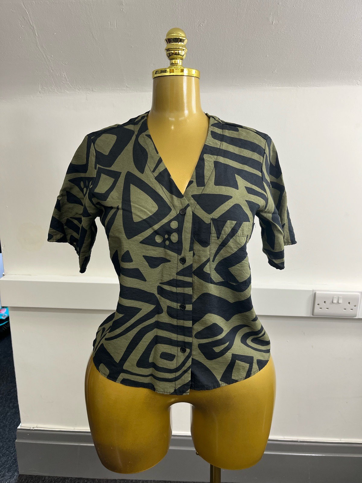 George Khaki & Black Abstract Geometric Print Short Sleeve Button Front Blouse
