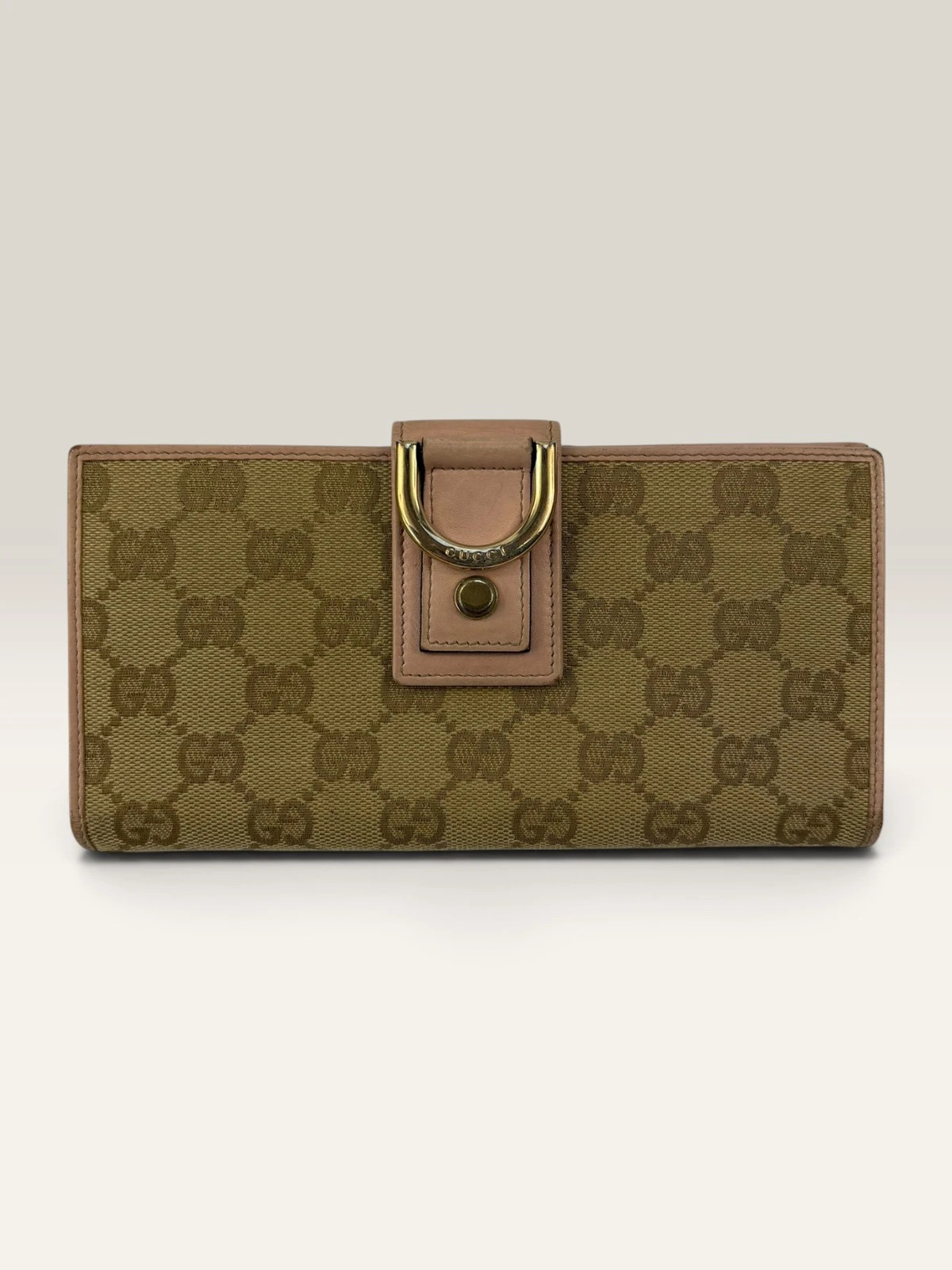 Vintage Gucci GG Canvas Leather Long Wallet Purse Beige Pink Gold Horsebit