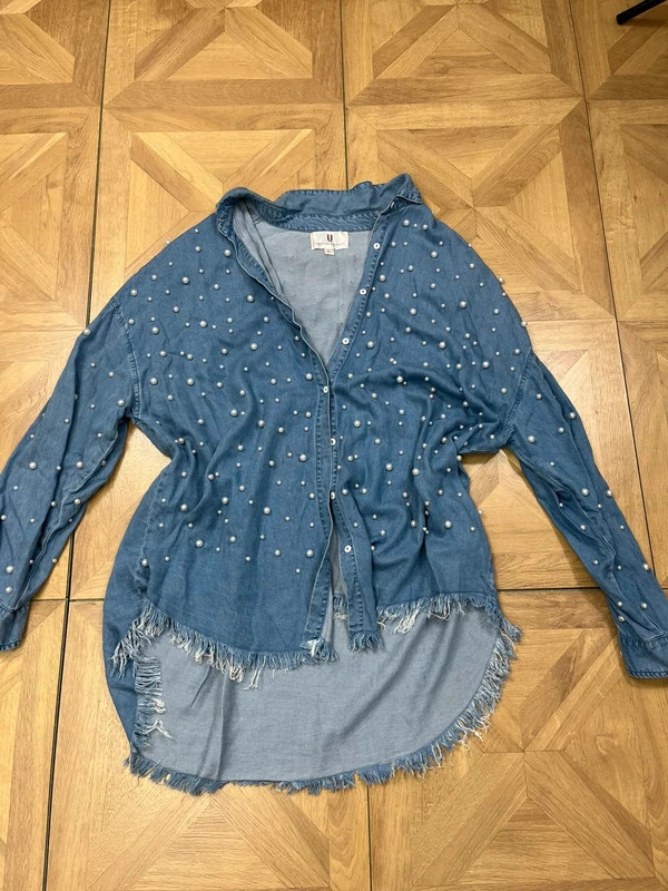 Forever unique blue denim pearl detail button up long sleeve shirt