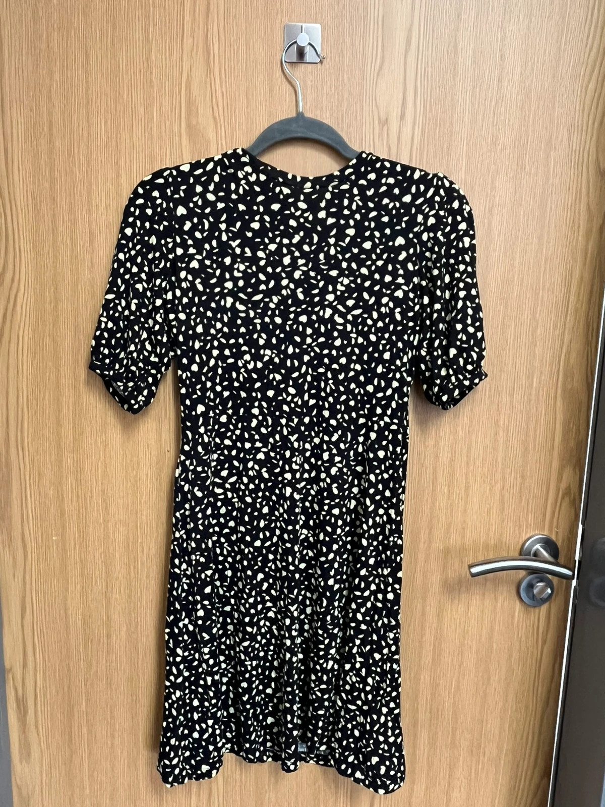 M&S Black & yellow abstract dotty print mini dress with short puffy sleeves & flared skirt Small