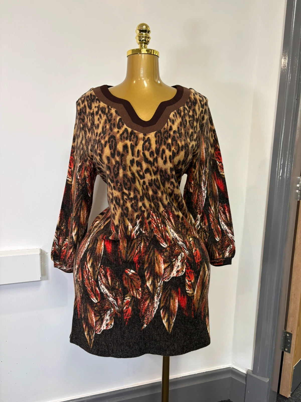 Just elegance 3/4 sleeve abstract neck leopard print dress uk 14