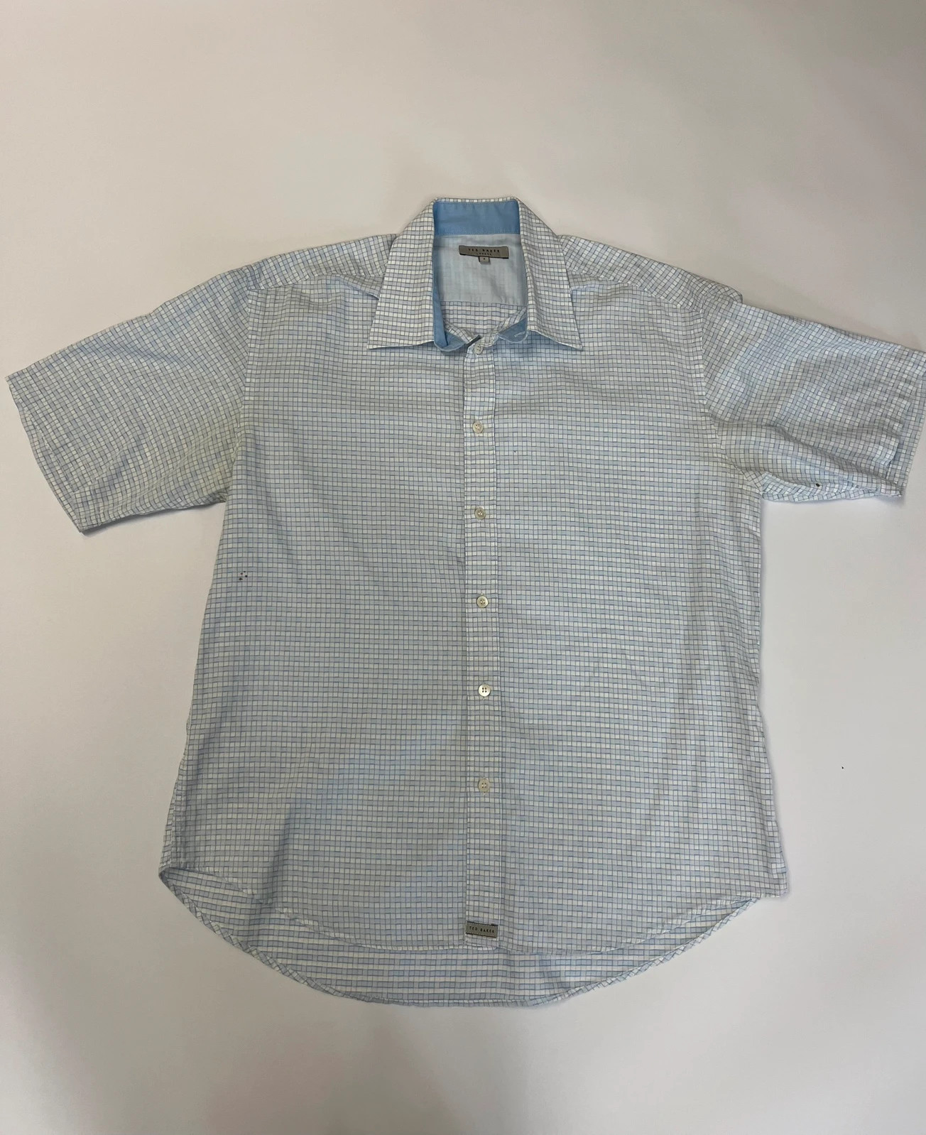 Ted Baker Light Blue White Check Short Sleeve Button Up Large