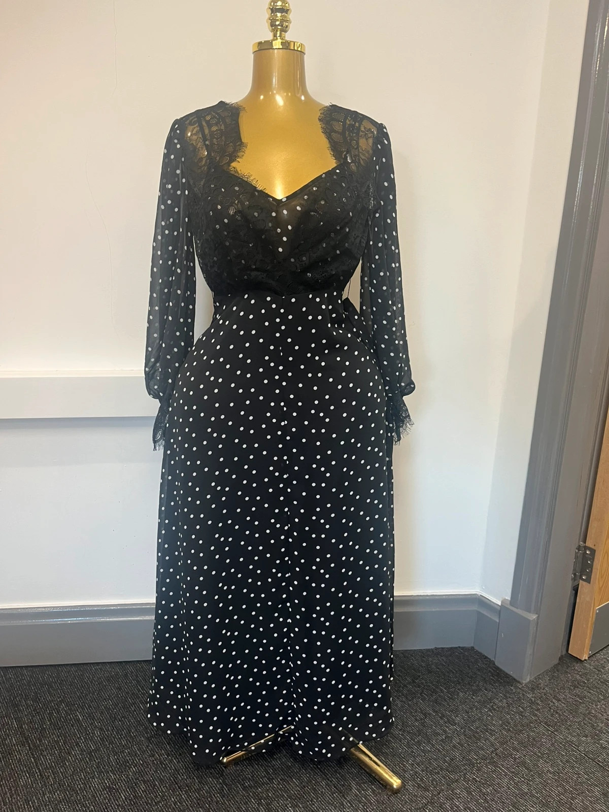 ASOS Black & White Polka Dot Lace Overlay Dress with Long Sleeves & V-Neck mesh chest Small