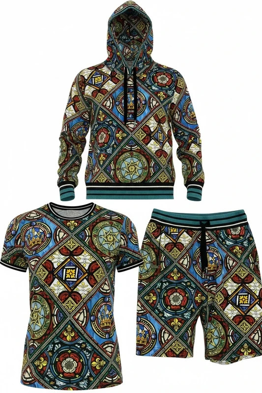 Dolce & Gabbana 3pc Set Size Small Hoodie T-Shirt Shorts Stained Glass Kings Age Authentic