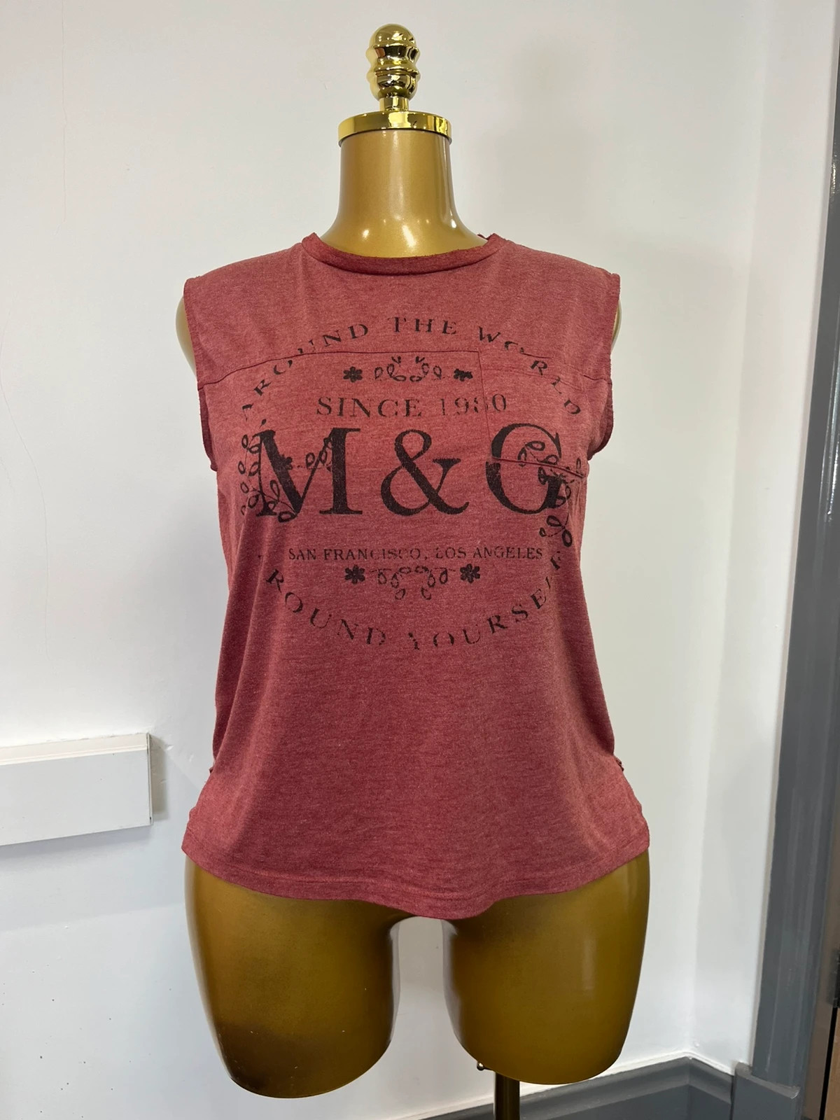 M&C Graphic Sleeveless T Shirt Vintage Wash Pink Casual
