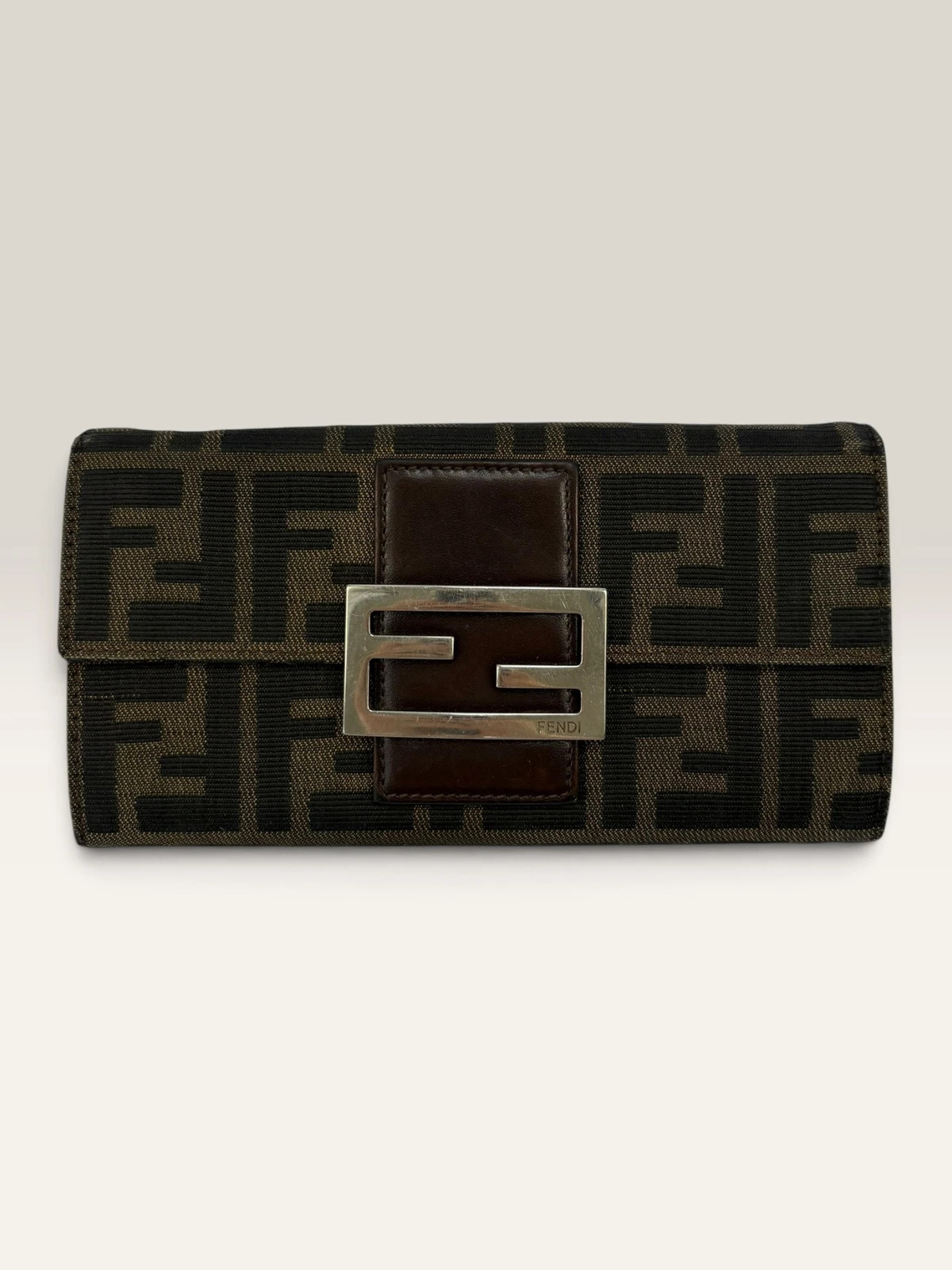 Vintage Fendi Zucca Canvas Leather Long Wallet Purse Brown FF Logo Bifold