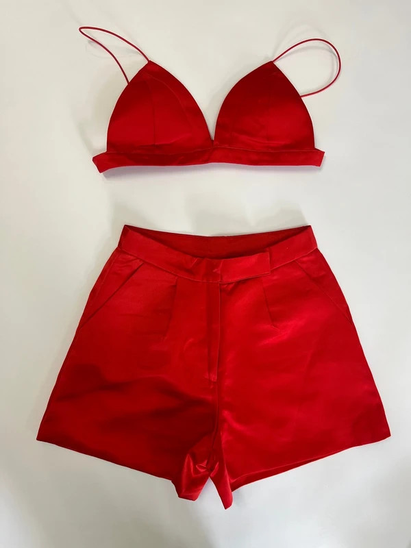 Red Satin Co Ord Set Bralette Crop Top & High Waist Shorts Party Festival Small