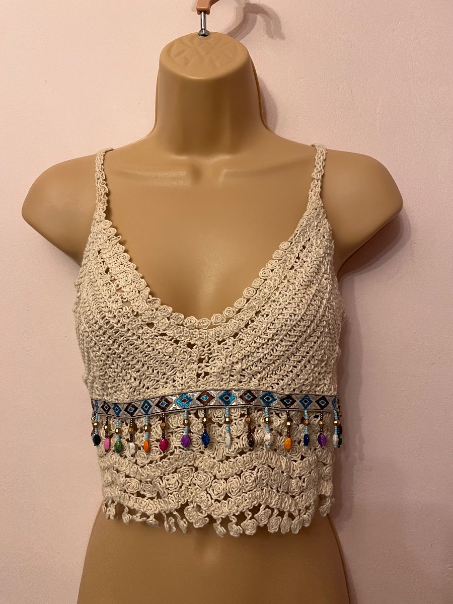 SHEIN Crochet Crop Top Boho Festival Cami Beaded Fringe Cream One Size UK