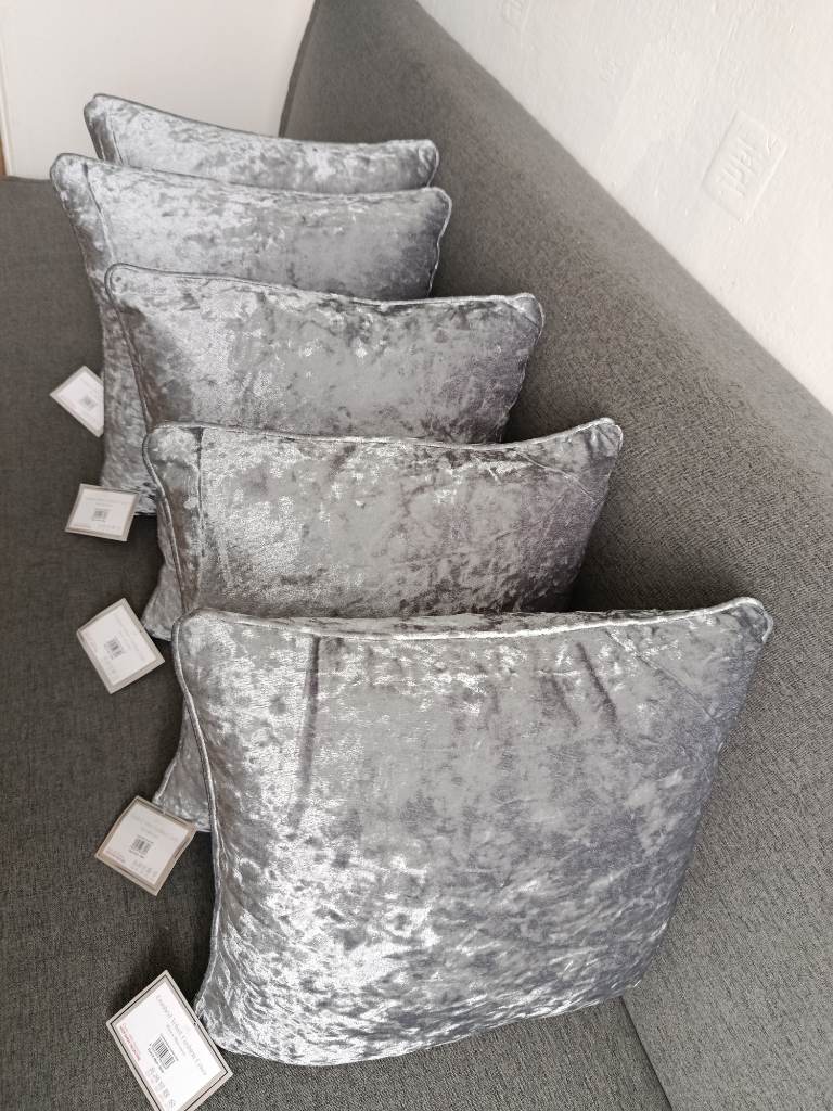 set of 5xsilver crushed velvet cushions with inners included