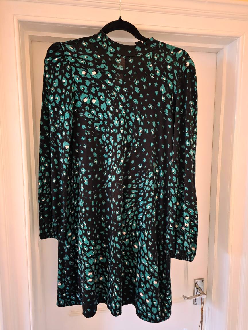 New Look Teal & Black Abstract Animal Print High Neck Mini Dress - UK 14