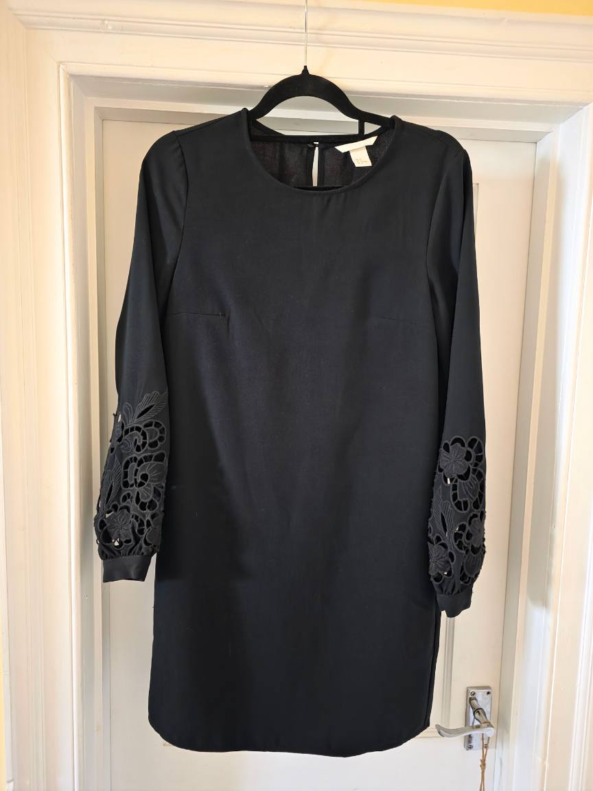 H&M Long Sleeve LBD Black Mini Dress Broderie Anglaise Cut Out UK 8
