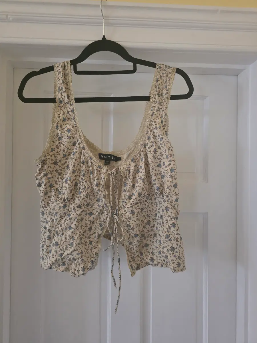 Motel Rocks Esau Tie-Front Cami Top - Blue Floral Ivory (Size L)