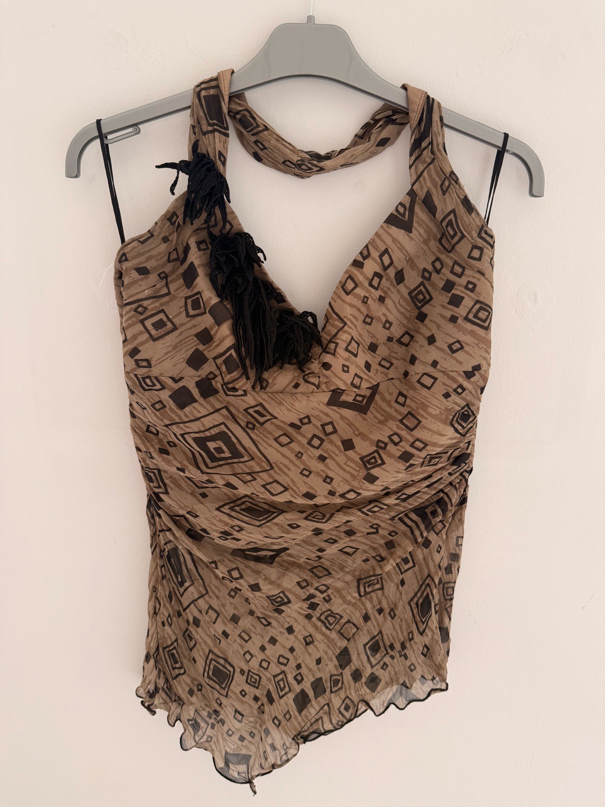 Linea Raffaelli silk top toe back y2k cowl neck tassel brown black