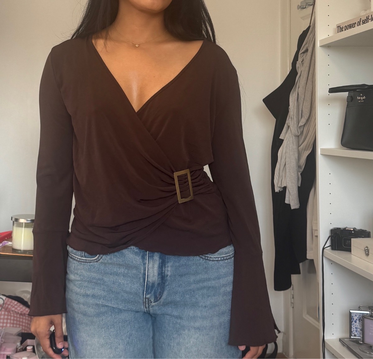 Vintage/Y2K Brown Buckle Wrap Top with Split Bell Sleeves