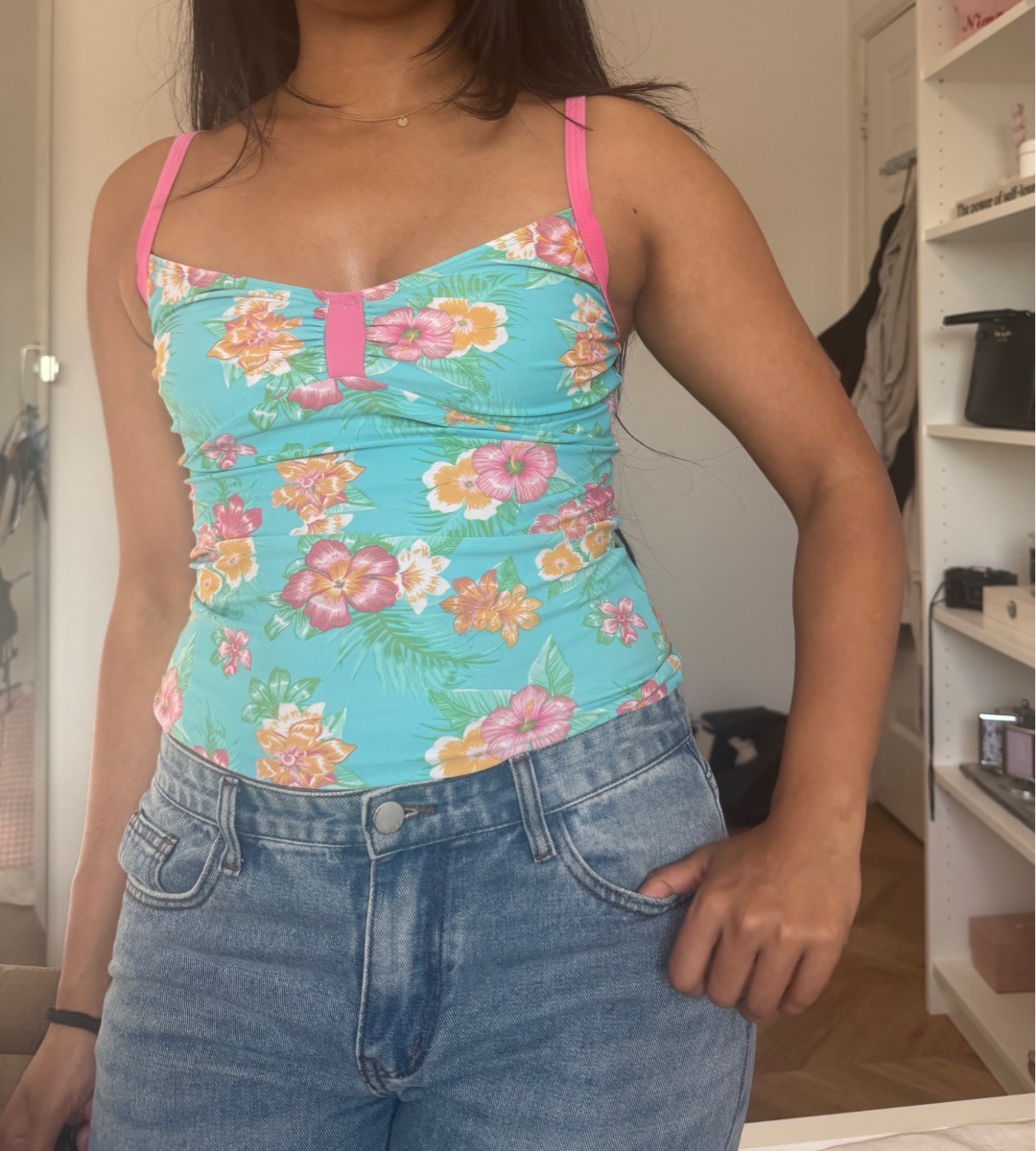 Y2K Floral Tropical Camisole Top | Turquoise & Pink Hibiscus Cami