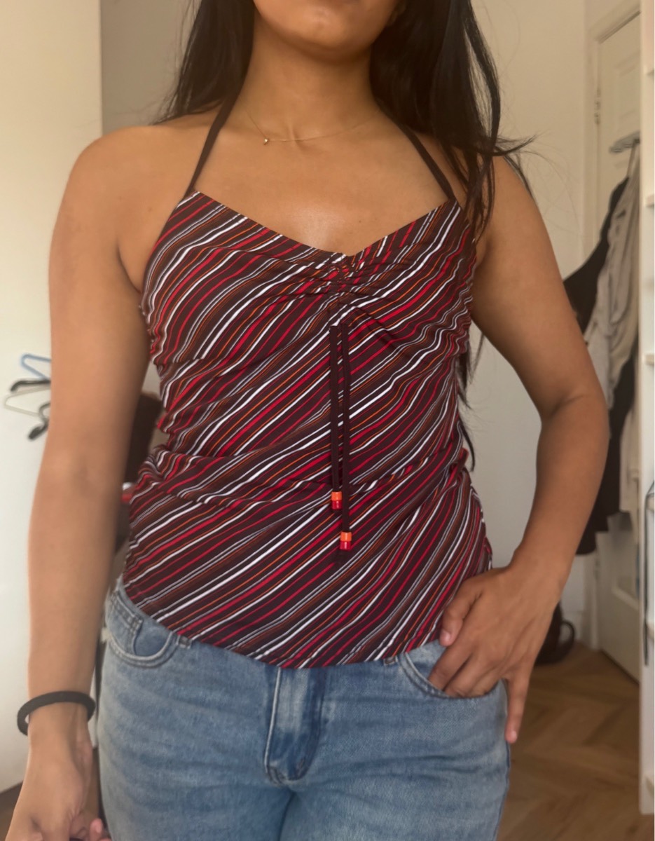 Y2K Striped Halter Neck Cami Top w/ Beaded Ties