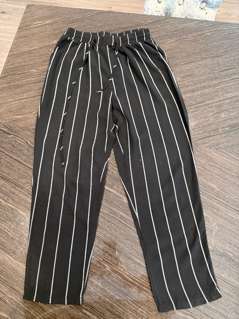 Women’s/ladies black/white striped think summer trousers with elastic waistband