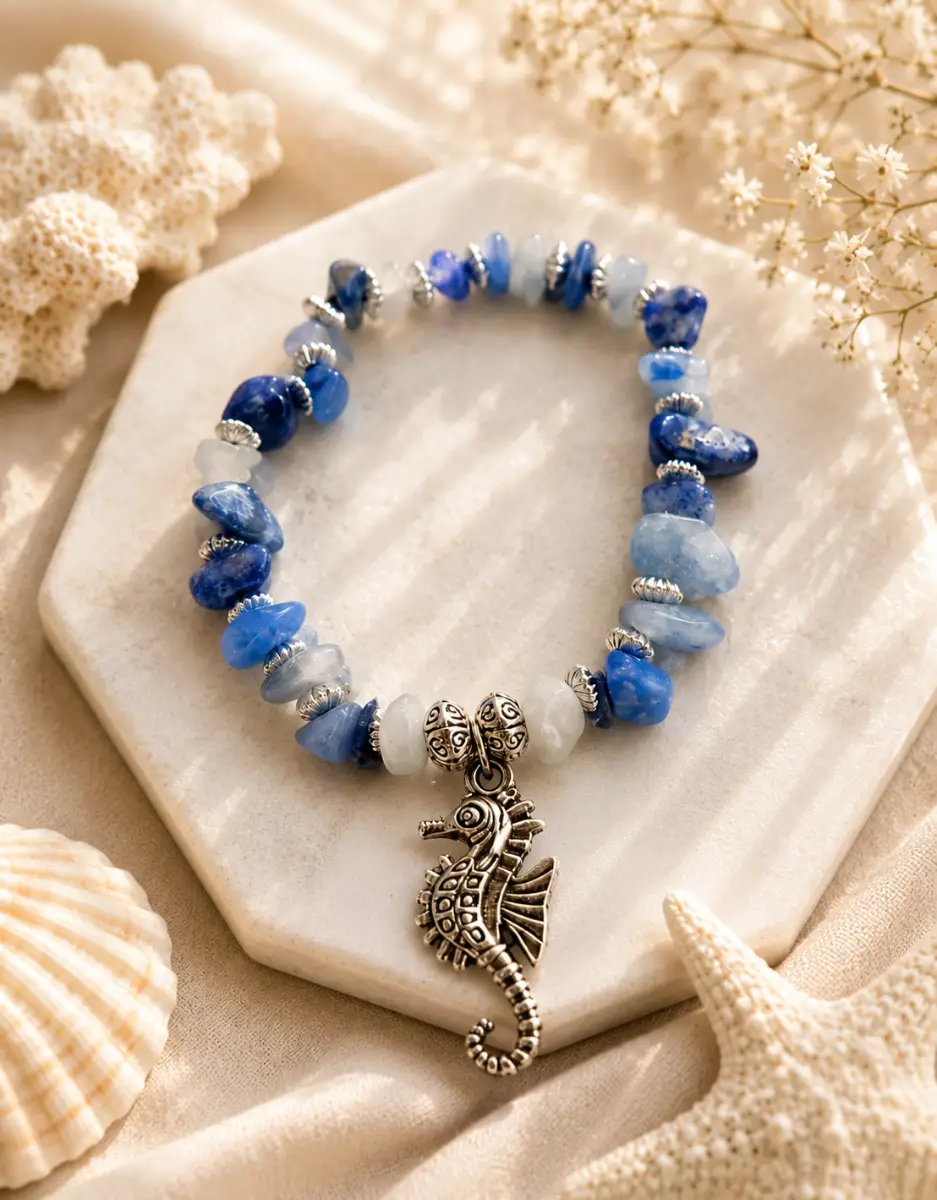 Blue-quartz Chip Bracelet with Seahorse Charm