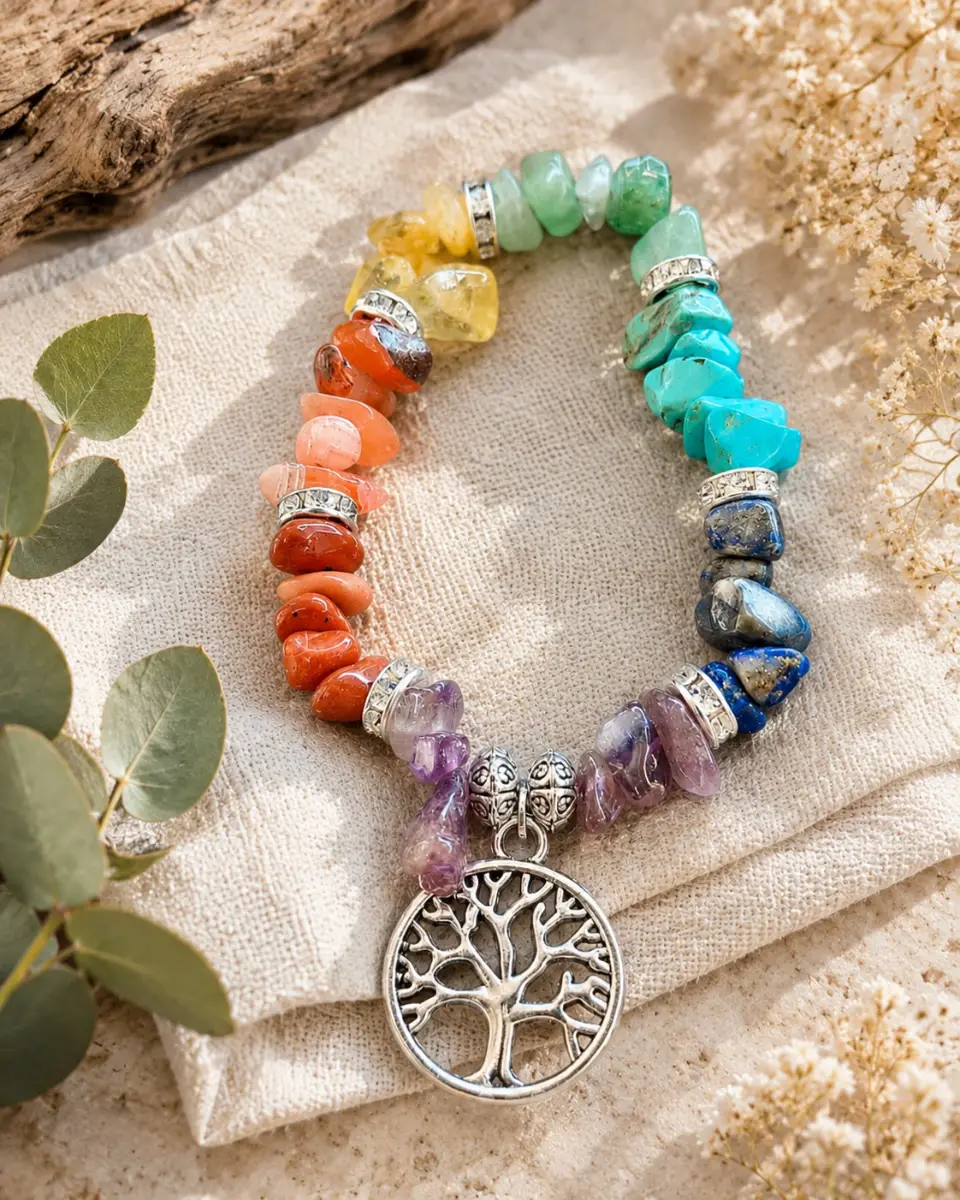 Chakra balancing bracelet with Tree of Life Pendant