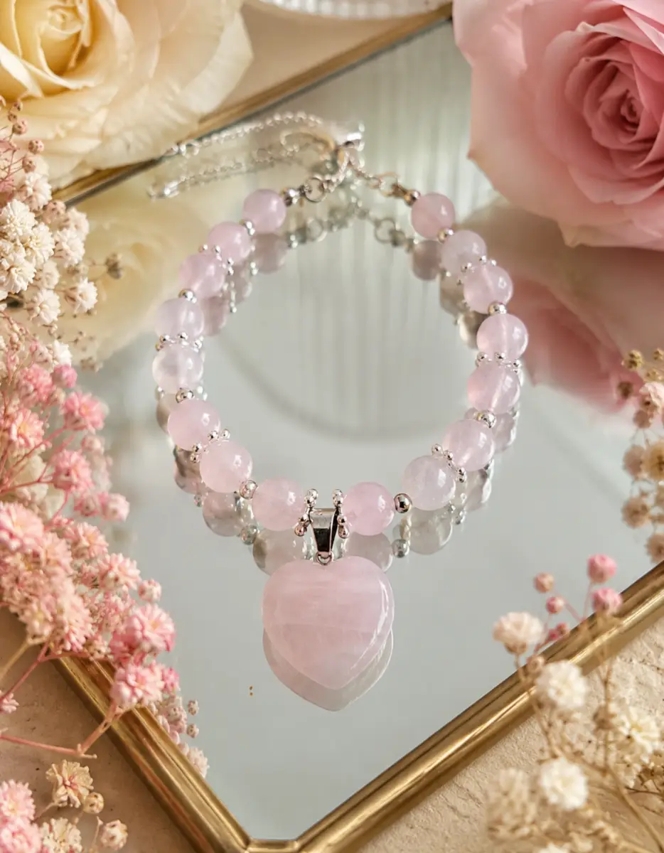 Genuine Rose-Quartz Hand-made Heart Bracelet