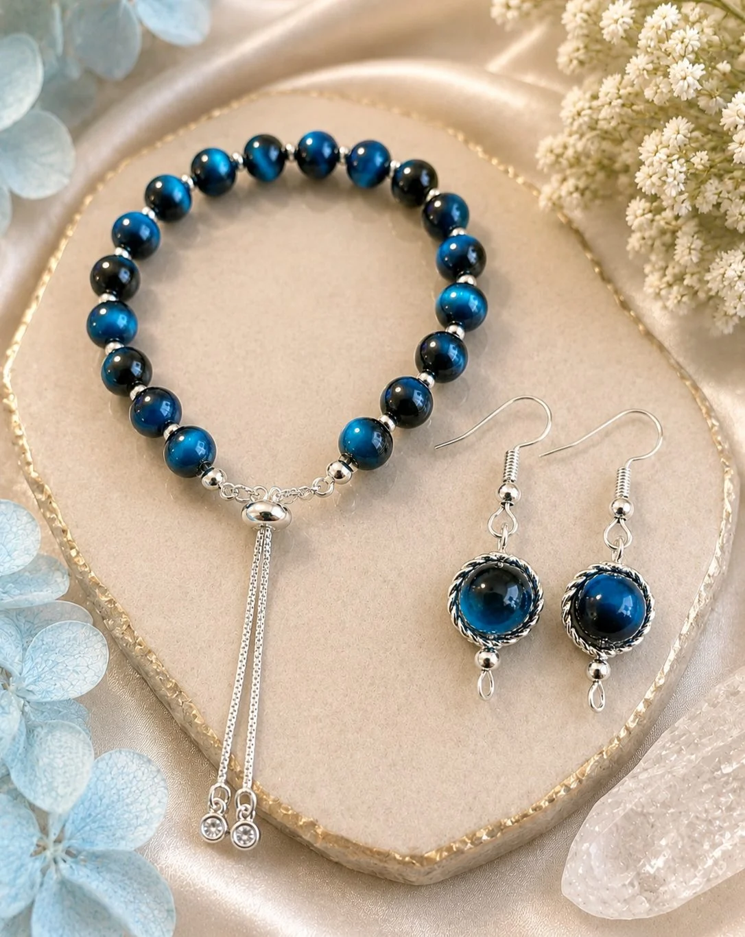 Blue Tiger's Eye Bracelet & Earrings