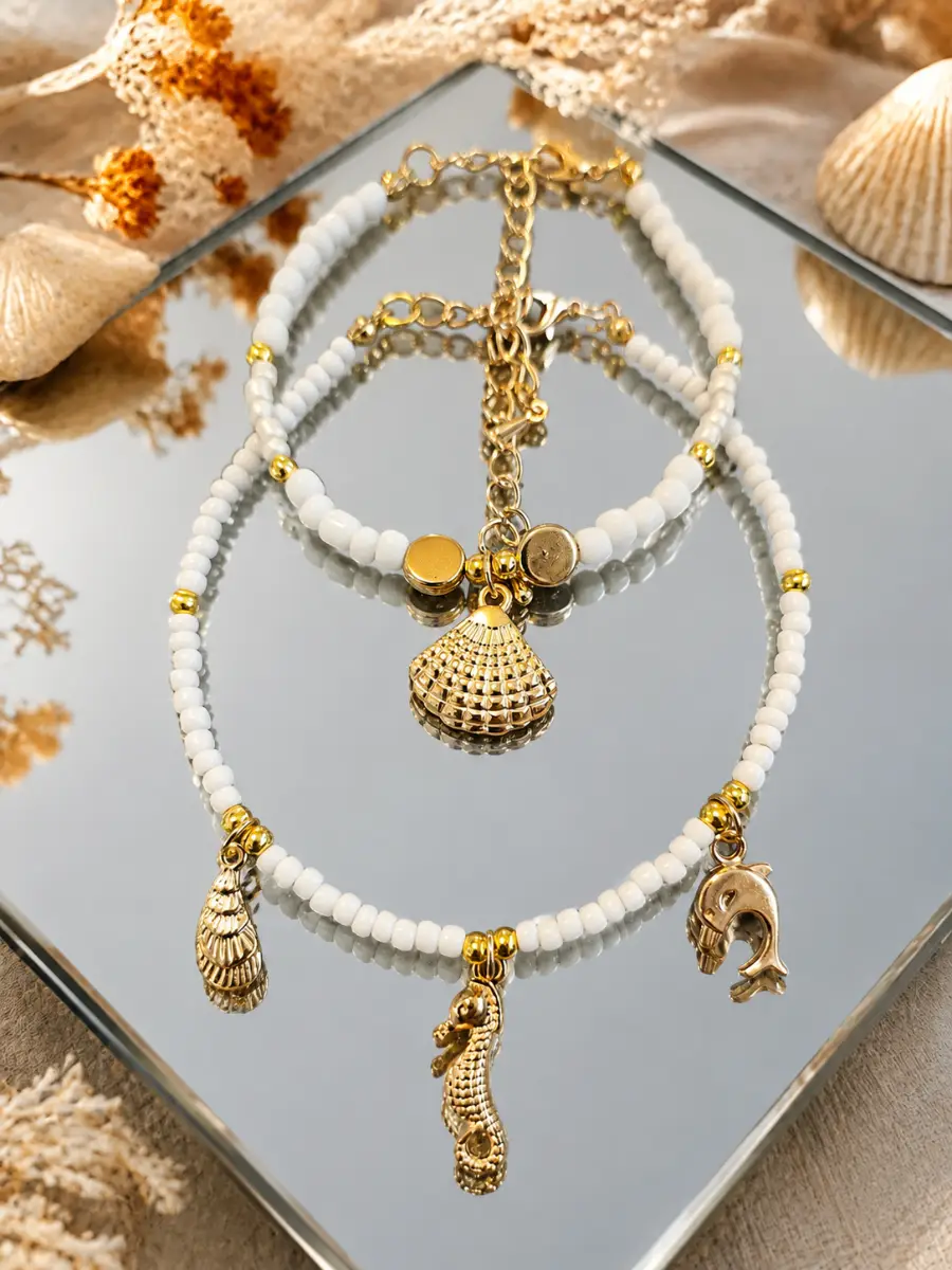 White & Gold Coastal Themed Bracelet & Anklet