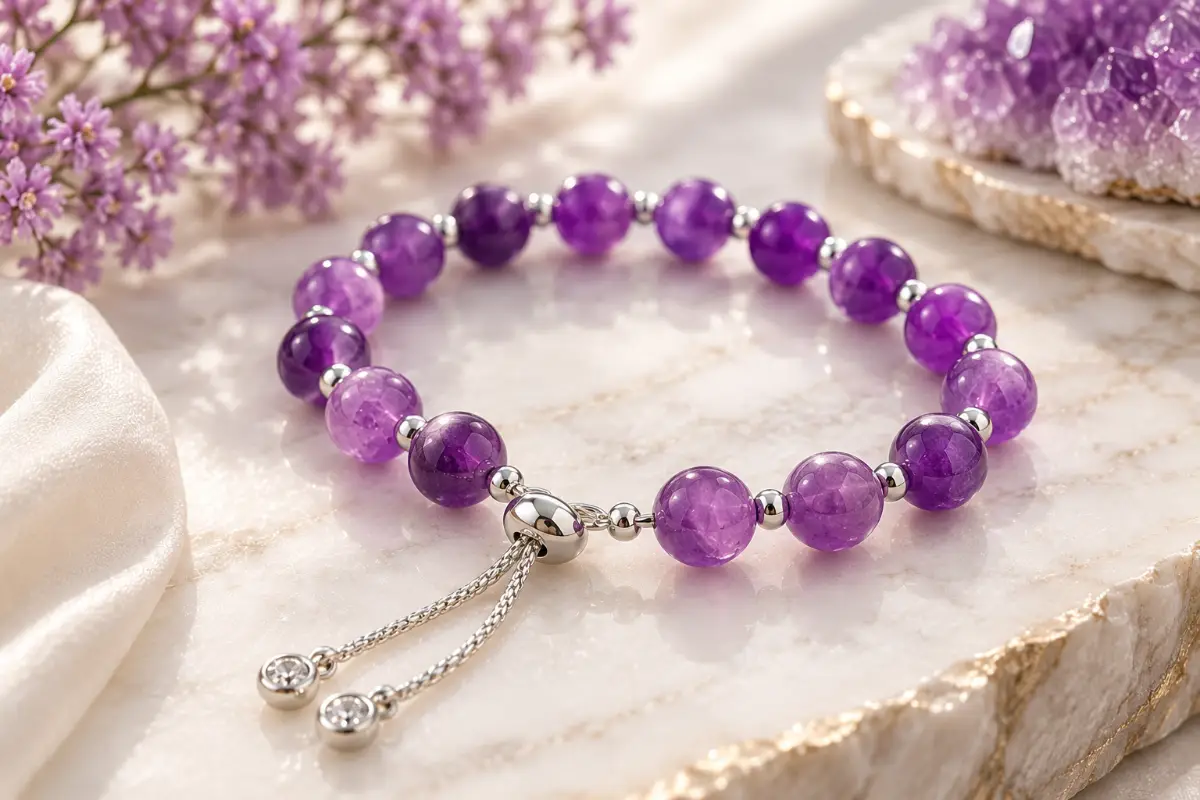 Handmade Genuine Amethyst Bracelet with adjustable Sliding Clasp
