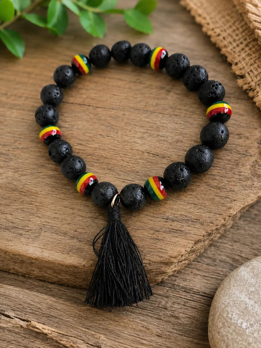 Handmade Rasta-Inspired Lava Stone Bracelet
