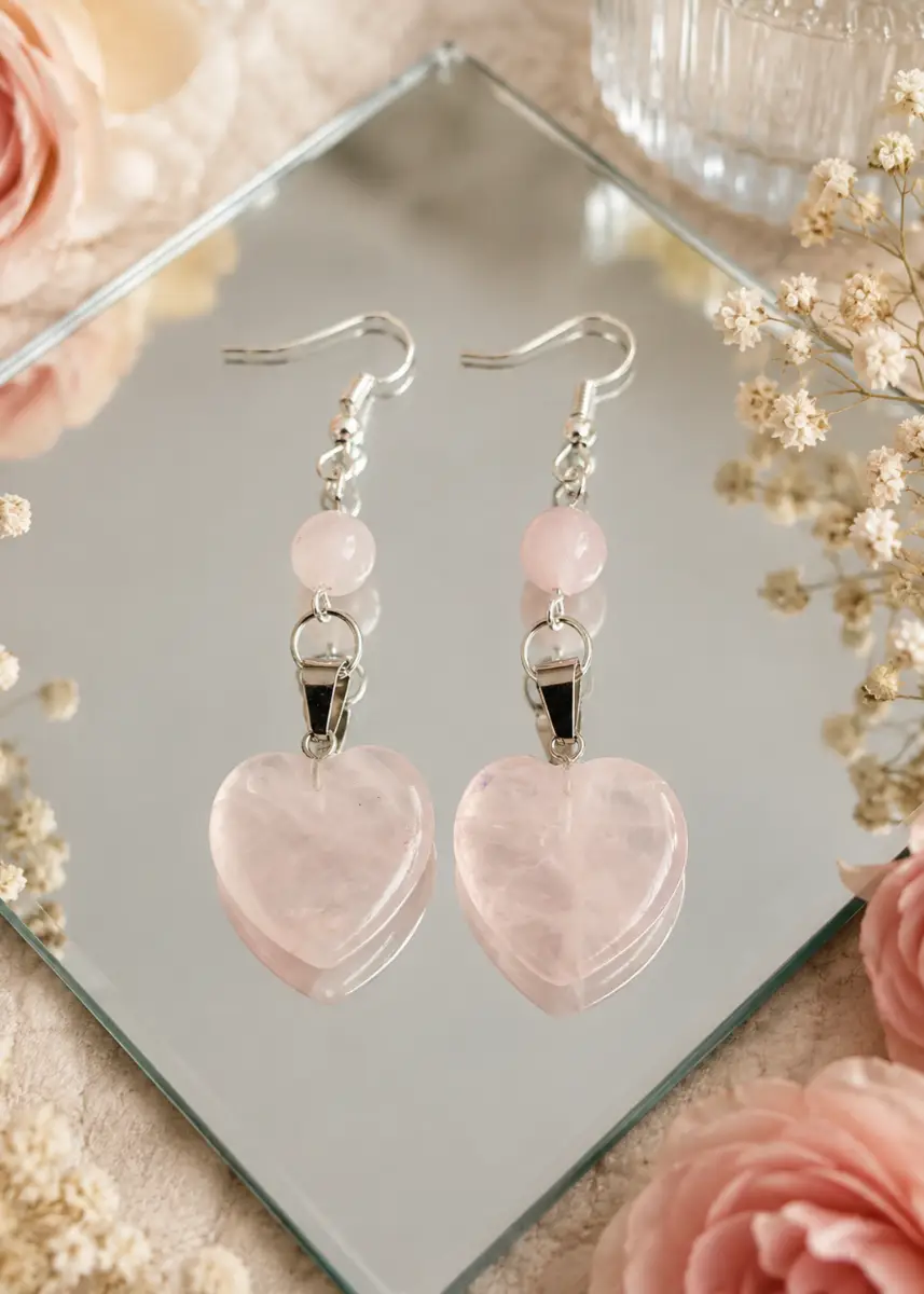 Genuine Rose-Quartz Hand-made Heart Earrings