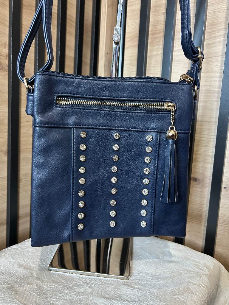 Women's Navy blue diamante zirconia shiny crossbody shoulder bag with tassel