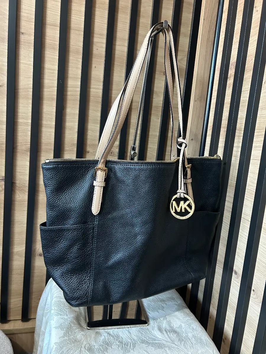 Michael Kors Real Leather Large Black / Beige Women's Shoulder Tote Bag Handbag MK